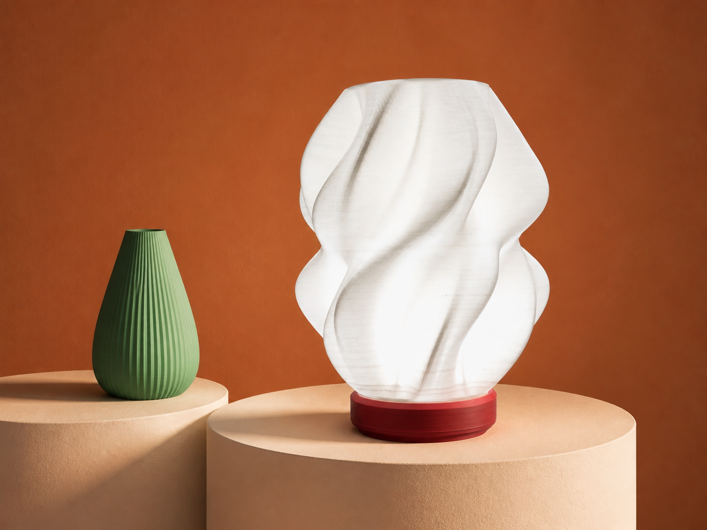 Print Magic spiral lamp and sculptural green vase in a studio setting